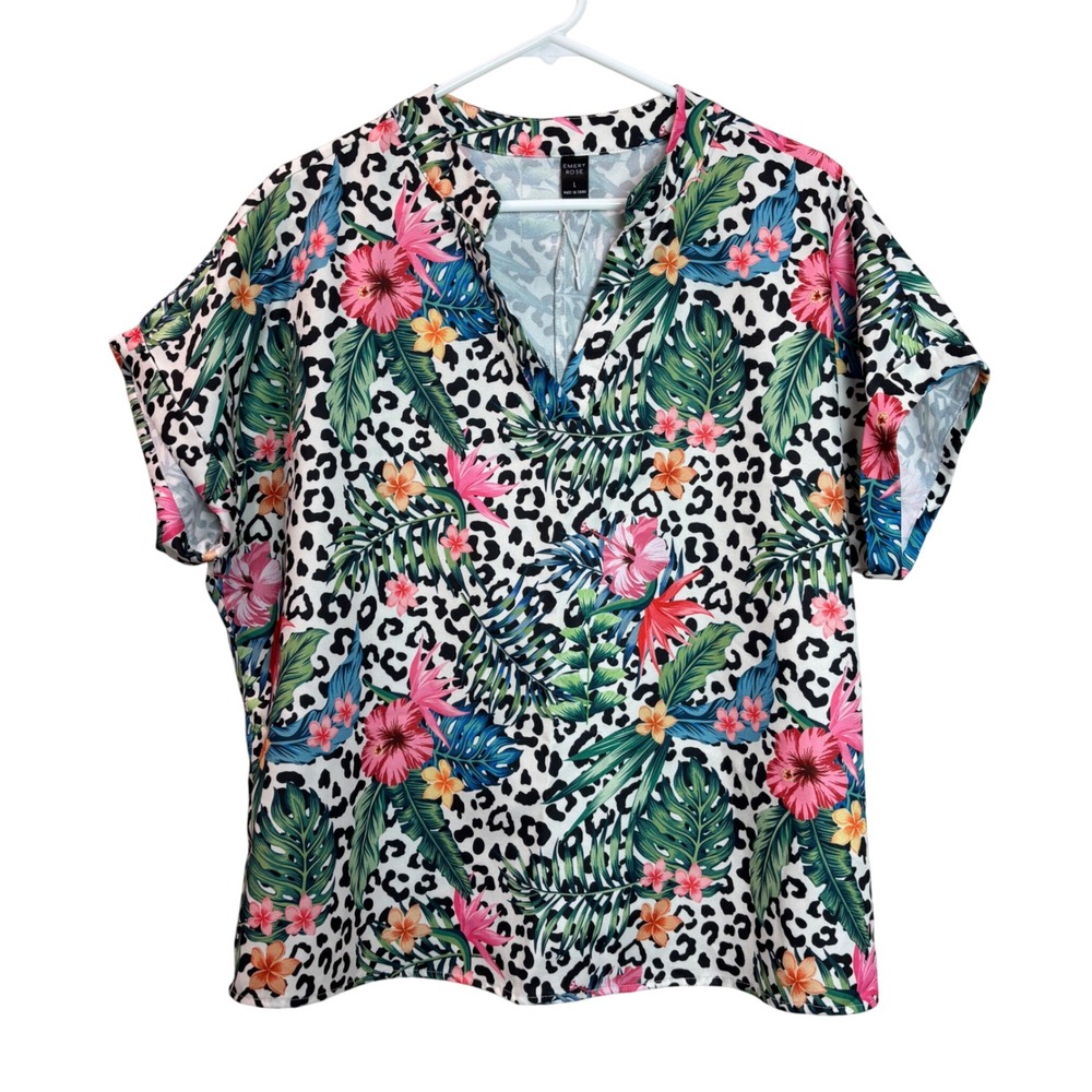 Emery Rose Tropical Leopard Floral Print‎ V Neck Short Sleeve Top Women's Large